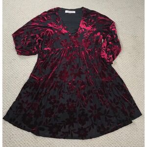 Taylor Burnout Velvet Floral Babydoll Dress Burgundy Black V-Neck Size 16